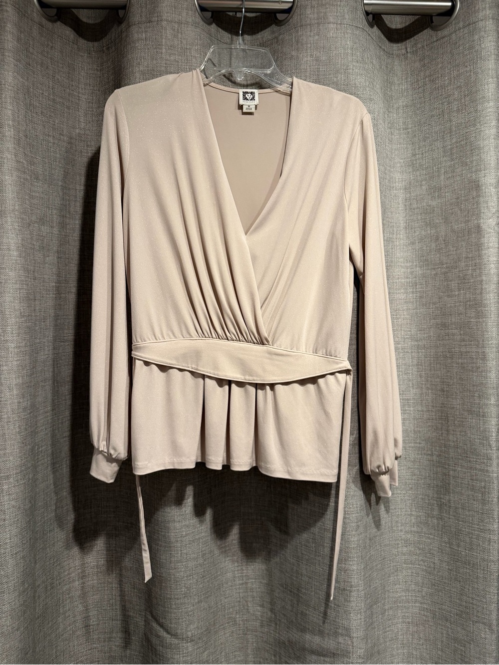 Ellen Tracy Wrap-Front Long Sleeve Top in Light Taupe